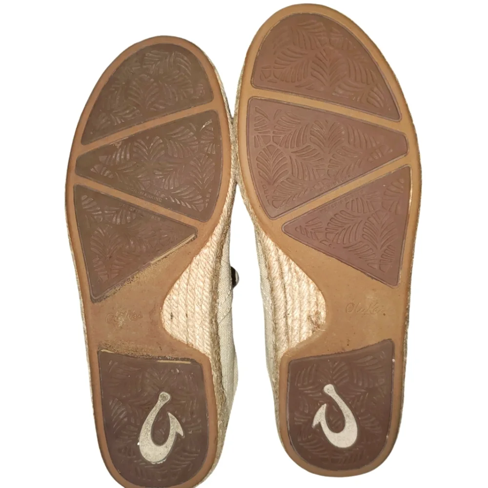 OLUKAI Kaula Pa'a Li Cream Linen LaceUp Boho Minimalist‎ Espadrille Flats Size 7